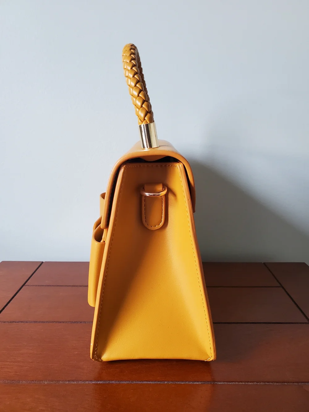 Structured Yellow Satchel with Braided Top Handle and Bow Accent